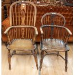 19th Century oak kitchen chair with u stretcher and turned legs, along with tall spindle back oak