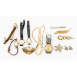 A small collection of costume jewellery and watches to include a gold plated ladies vintage Omega