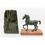 Bronze Roman style horse on marble stand along with stone table plaque of a Buffalo.