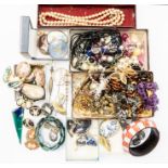 A collection of costume jewellery to include a 9ct gold Avon pin, weight approx 4.5gms, along with