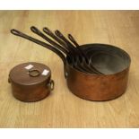 A collection of copper sauce pans and heating pot