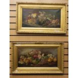 W Penk (early 20th Century) Floral and fruit studies, oil on canvas, a pair, 30 x 60cm signed
