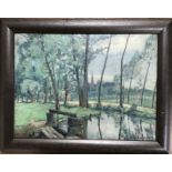 Original signed oil on board by C. Laurent  of a impressionist waterway. Approx Frame size  38cm