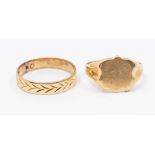 A 9ct gold signet ring, shield shaped cartouche, size T, in original box,  along with an engraved