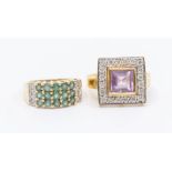 An amethyst and  diamond 9ct gold dress ring, square central amethyst within a border of round
