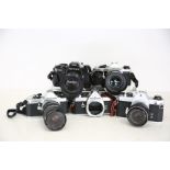 A collection of five 35mm vintage Pentax cameras with various lenses.  Featuring: Pentax ME Super