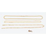 Three 9ct gold chains including a Figaro curb chain, length approx. 20'', a fine curb chain,