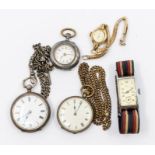 A collection of pocket watches including one silver with silver chain, gold plated ladies watch on