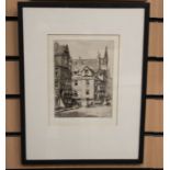An etching by EJ Maybery of John Knox's house, Edinburgh, in frame
