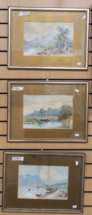 A set of three early 20th Century Continental watercolours depicting lake scenes with figures and