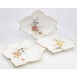 A set of three late 19th Century Century Royal Crown Derby Osmaston Road leaf shaped plates, two