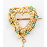 A Victorian 15ct gold seed pearl turquoise heart brooch, comprising an open heat set with small seed