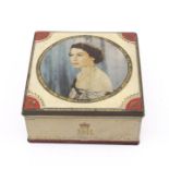 A vintage Henry Thorne & Co Ltd souvenir tin chocolate box depicting HM Queen Elizabeth to the cover
