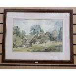 J Fletcher Watson, print of a watercolour, framed in wooden carved frame with gilded inner edge