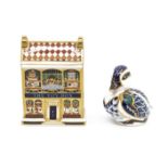 Royal Crown Derby paperweight, gold stopper, duck with box, along with toy box paperweight with box
