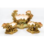 Moore Bros potpourri central table bowl with two matching side potpourri bowls, gilt and pink ground