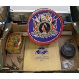 A collection of Royal memorabilia including tins, book, Bakelite box and brass swallows?