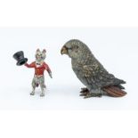 A bronze Austrian parrot, along with a cat ring master, cold painted bronzes