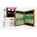 Small canteen of fish knives and forks in oak box, plate flat wares and silver spoon