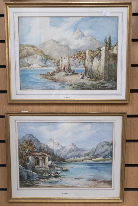 Two 19th Century watercolours by C Hardy, Continental scenes by lake, 26 x 37 cms approx