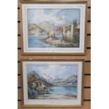 Two 19th Century watercolours by C Hardy, Continental scenes by lake, 26 x 37 cms approx