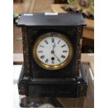 A late Victorian black slate, marble and gilt metal mantle clock, white enamel dial with Roman