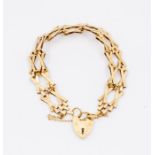 A 9ct gold fancy link gate bracelet, width approx 12mm, length approx 18cm, padlock clasp and safety
