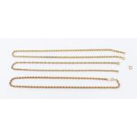 Three 9ct gold chains including two rope twist chains, one in rose gold the other yellow, lengths