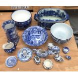 A collection of blue and white ceramics, to include:- Minton bowls; a Cauldon vase; a foot bath