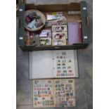 Collectables- two stamp albums, Days Gone cars, match boxes, bisque dolls etc.