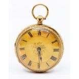 An 18ct gold ladies open faced pocket watch, gold tone dial with floral decorative centre, black