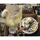 A collection of ceramics early 20th Century vases, kitchen items, plated tray, swan planter,