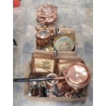 Metalware to include coopered tankard, copper tray, warming pan, brass jam pan, brass