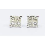 A pair of princess cut invisible set diamond stud earrings, total diamond weight approx. 2carats,