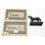 A spelter figure, jockey and horse, approx 11cm high; together with a pair of hunting scene