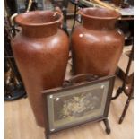 A pair of coated tall terracotta vases 20th Century, along with a mid 20th Century fire screen
