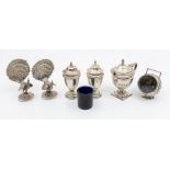 A group of silver to include: a pair of Edwardian pepper pots, Birmingham, 1903; a mustard pot and