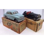 Victory Industries 1:18 scale battery operated MG TF and Vauxhall Velox, both boxed. Needing