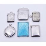 A blue guilloche enamel silver match case, together with a silver circular compact and four