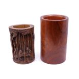 A Chinese hardwood brush pot and similar bamboo bitong(2)