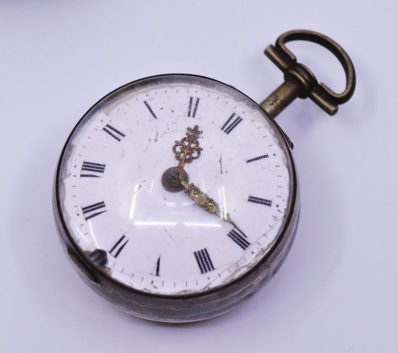 A late 18th century/ early 19th century pair cased pocket watch with enamel dial, Roman numerals - Image 3 of 4