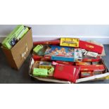 A collection of vintage toys to include Hornby trains, Dinky boxed car, Vintage Subbeteo and similar