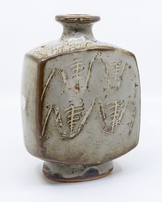 Bernard Leach (British, 1887-1979) a studio pottery square bottle vase, in tones of grey with - Image 6 of 7