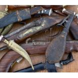 A collection of various Flintlock pistols, daggers a powder flask and similar, Faults