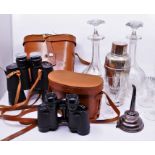 Various collection of miscellaneous items to include two binoculars, white metal wine funnel and