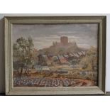 A 1930s oil on board study St Alban's Abbey in landscape signed Beersford Johnston