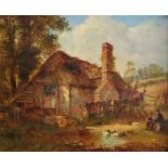 A 19th century oil on canvas, English rustic scene figures by a cottage etc by Thomas Whittle (