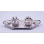 A Neo classical Edwardian inkstand with twin silver mounted inkwells