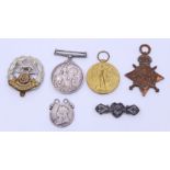 WWI medals 'Great war', a Hampshire regiment cap badges, stick pin, crown etc