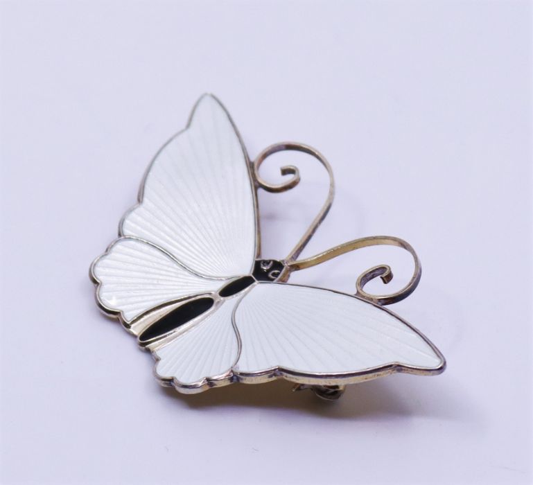 A David Andersen Norwegian sterling silver butterfly brooch, with ivory enamel and black body, - Image 2 of 3